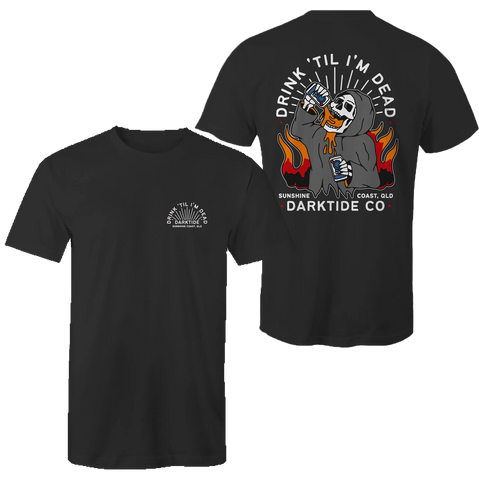 darktide, co, darktideco, d shirt, darktide co d shirt, clothing, shirt, sunshine coast, queensland, t shirt, streetwear, dark clothing, black, chest patch, logo, drink til i'm dead