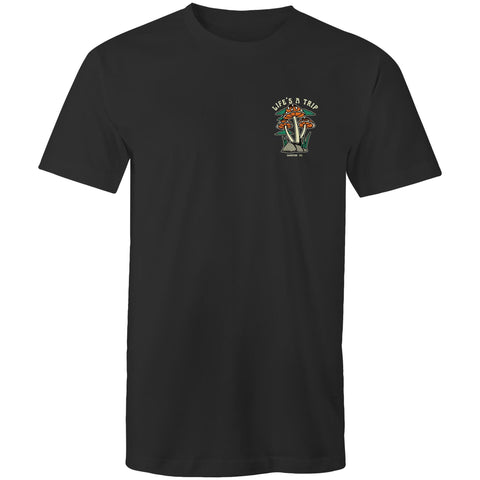 darktide, co, darktideco, d shirt, darktide co d shirt, clothing, shirt, sunshine coast, queensland, t shirt, streetwear, dark clothing, black, chest patch, logo, lifes a trip, mushrooms